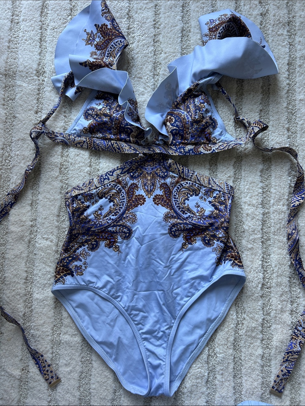Zimmermann Women's Light Blue Paisley Ruffle One-Piece Swimsuit